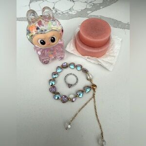 Iridescent Beaded Bracelet & Adjustable Heart Ring Set w/Labubu Bunny Figurine
